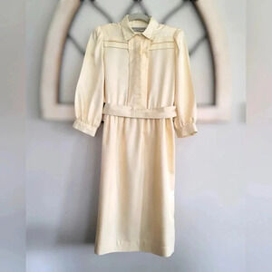 1950s Vintage Leslie Fay Petites Pale Yellow Belted Shirt Dress/feminine/ Size 8